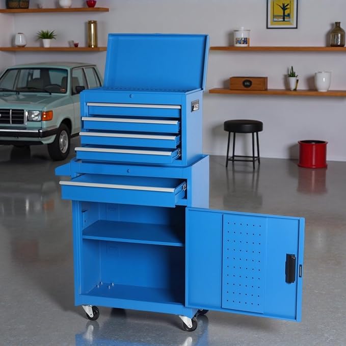 Tool Chest, 5-Drawers Rolling Tool Storage Cabinet with Detachable Top, Adjustable Shelf, Lockable Wheels & Locking Mechanism, Multifunctional Tool Cart for Garage Warehouse, Blue