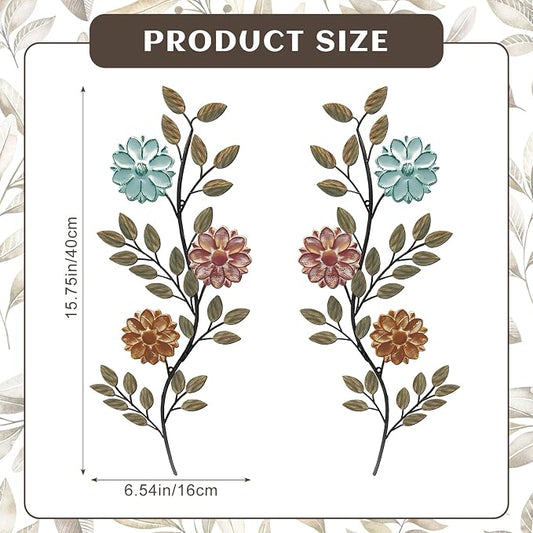 MorningRo 2 Pcs Metal Flower Leaves Wall Art Spring Wall Decor Living Room, 15.75 Inch Vintage Rustic Branch Leaf Wrought Iron Scroll Art Decor for Summer Bedroom Indoor Outdoor Decorations(Colorful)