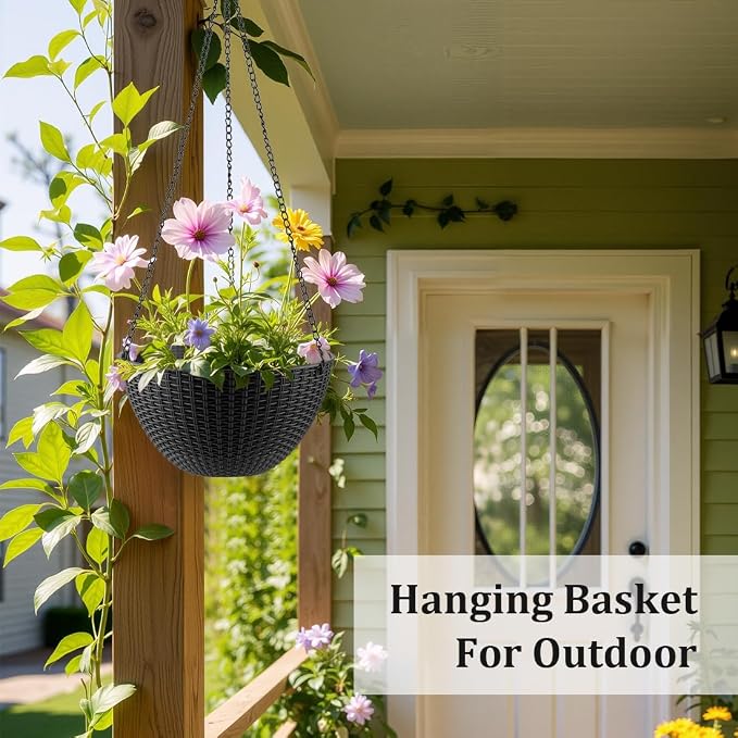 RooTrimmer Hanging Planters for Indoor Outdoor Plants 8 and 10 Inch, 4 Packs Hanging Flower Pot with Drainage Holes, Self-Watering Hanging Basket Perfect for Home, Office and Garden, Black