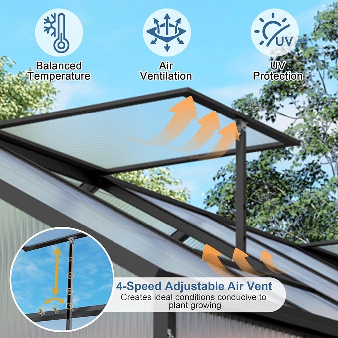 6x12 FT Greenhouse, Walk-in Outdoor Polycarbonate Garden Greenhouses with Aluminum Frame, 4mm PC Panels, Adjustable Roof Vents & Lockable Hinged Door for Backyard Growing, Black