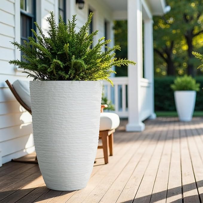 Worth Garden 2-Pack 21" H. White Tall Planters - 14'' Dia Resin Large Round Flower Pots for Outdoor Plants Trees - Imitation Stone Finish Plastic Indoor Front Porch 9 Gallon Decorative Container Patio
