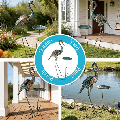 Metal Crane Garden Statue for Outside with Leaf Tray | Large Heron Outdoor Statues, Elegant Crane Yard Art Garden Decor for Garden Yard, Porch