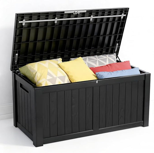 Zapdos Outdoor Storage Box, 120 Gallon Deck Box with Stainless Steel Rods, Waterproof Large Resin Storage Bin for Patio Cushions Garden Tools, Lockable Outside Storage Box, Black