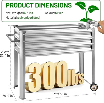 Land Guard 2 Pack Galvanized Raised Garden Bed with Legs & Wheels, 36×12×32in Metal Elevated Raised Planter Box for Backyard, Patio, Balcony, 300lb Capacity, Silver