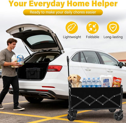 Collapsible Wagon Cart with Wheels, Compact 360 lb Folding Cart,Pitch Black | Portable utility wagon for groceries, shopping, camping, garden, sports, picnics, laundry, apartment errands and small hauls