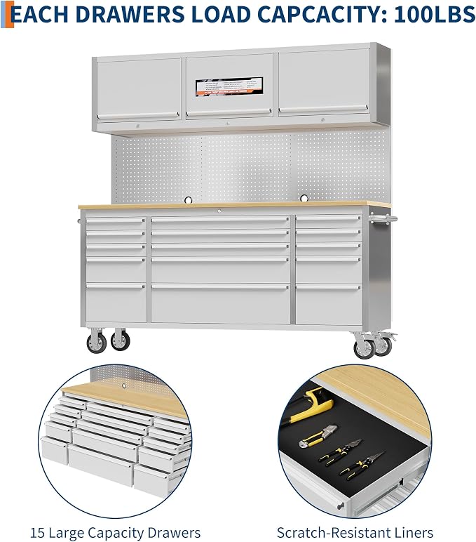 GAOMON 72 Inch Tool Chest, Tool Cabinet with 15 Drawers, Mobile Storage Cabinet with Locking System, Stainless Steel Material and Sturdy Structure, High Capacity for Home Workshop Kitchen and Garage.