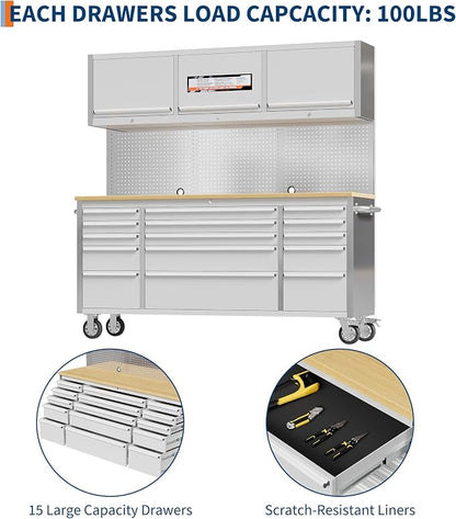 GAOMON 72 Inch Tool Chest, Tool Cabinet with 15 Drawers, Mobile Storage Cabinet with Locking System, Stainless Steel Material and Sturdy Structure, High Capacity for Home Workshop Kitchen and Garage.