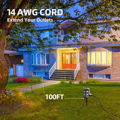 TiFFCOFiO Outdoor Power Strip Waterproof, 24 Hour Mechanical Timer, 100 FT Extension Cord, 6 Grounded Outlets for Outdoor Lights, ETL Listed (100 FT)