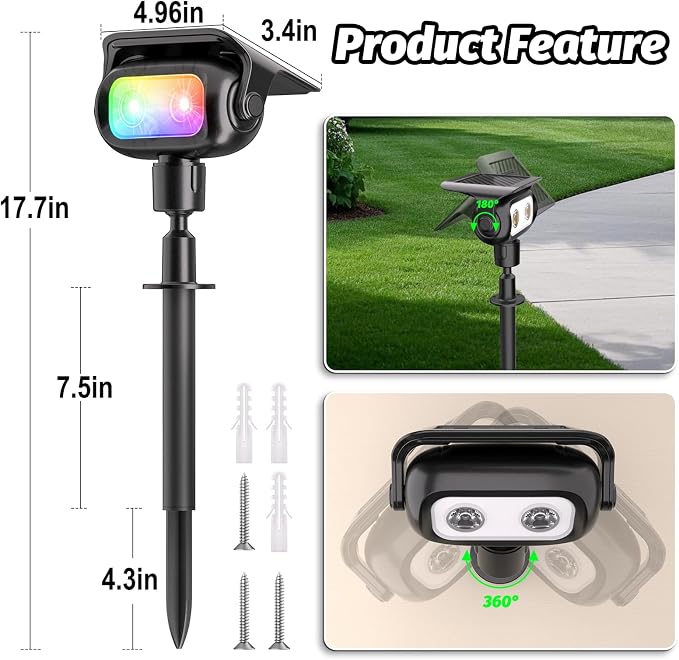 Nreonrick RGB Multicolor Solar Spot Lights 360° Adjustable Solar Lights Outdoor IP65 Waterproof with 2-in-1 Solar Powered Spotlights for Landscape Lighting for Garden,Yard,Pathway (Multi Color,4 Pack)