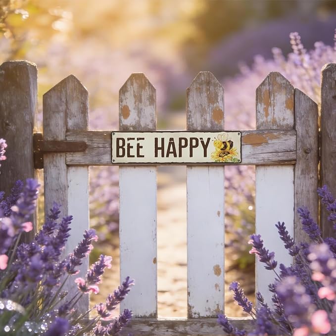 Bee Happy Garden Metal Tin Sign, Vintage Sunflower Decor, Rustic Farmhouse Garden Wall Decor, for Yard Fence Door Porch, Outdoor Gardens Decoration, Ideal for Bee Lovers, 15.7 x 3.9 Inches