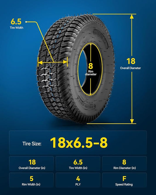 PHILTOP 18x6.5-8 Lawn Mower Tires, 4-Ply Super Mud 18x6.5-8 ATV Tires for Riding Mowers, Golf Carts,2 Pcs,Tubeless (Z-160)