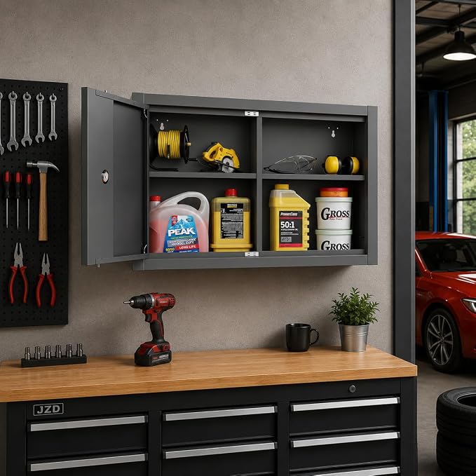 JZD Steel Wall Cabinet for Tool Organization with Two Removable Shelves, Industrial-Strength Metal Hanging Cabinets, for Garage Workshop
