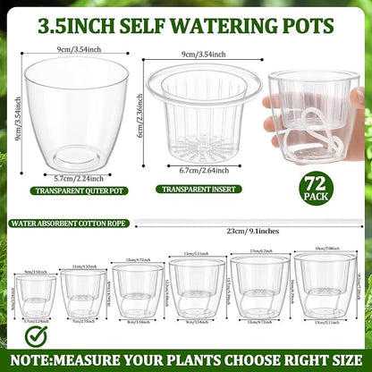 72 Pcs Self Watering Pots 3.5 Inch Plastic Flower Plant Pot with Inner Pot Self Watering Wick Planter White Clear Flower Pots for Indoor House Plants Herbs, Flowers, Succulents (Transparent)