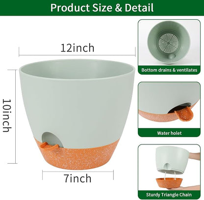 GARDIFE 12 inch planters, Plant Pots,Self Watering Pots, Large Plastic Flower pots with Deep Reservior and High Drainage Holes for Indoor Outdoor Plants and Flowers, Green