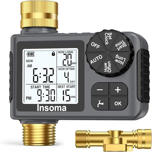 Water Timer for Garden Hose with 100% Metal Pipe, Programmable Sprinkler Controller for Garden Faucet with Auto/Manual/Rain Delay Mode, Irrigation Timers for Lawn, Yard, Outdoor Plants