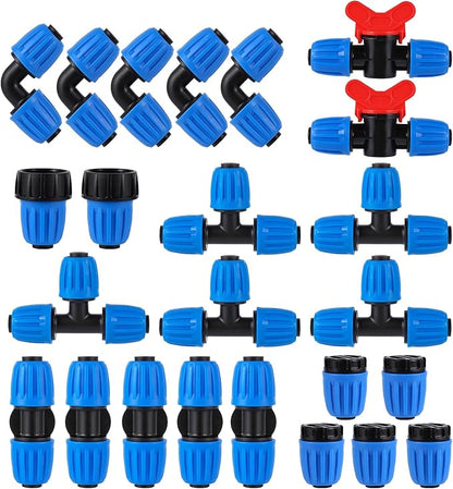 24 Pcs 1/2 Inch Drip Irrigation Fittings Kit,Drip Irrigation Hose Connector for 1/2 Inch Drip Tubing (1/2" ID x0.6-0.63" OD) with 5 Tees,5 Couplings,2 Switch Valves,5 End Cap,5 Elbows,2 Hose Adapter