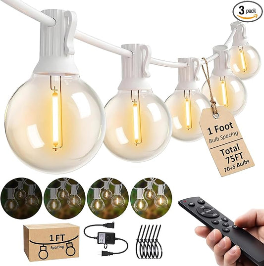 Outdoor-String-Lights with Remote 75FT Waterproof lights for Outside Patio | 1FT Bulbs Spacing,White Cord String Lights, Connectable Dimmable Patio Lights with Remote,Timer, 3 Modes for Backyard, Bistro