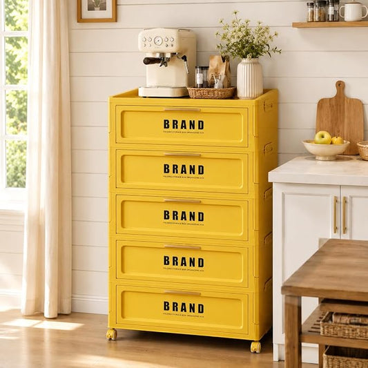 Foldable Storage Cabinet with Doors & Locking Wheels, 5-Tier Large-Capacity Organizer, No-Tool Setup, Impact-Resistant ABS Construction for Dorm, Pantry, Laundry, and Living Spaces