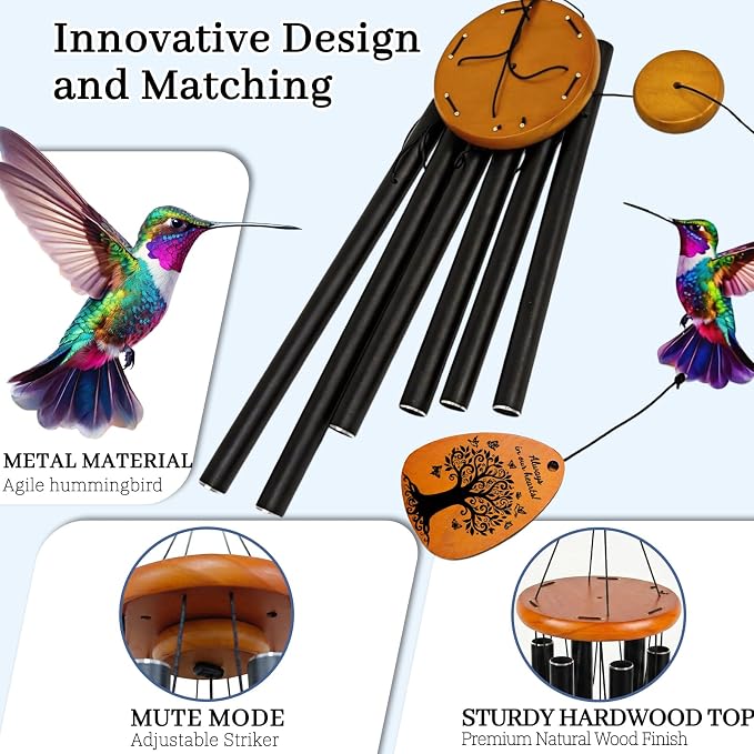 Sympathy Gifts for Loss of Loved One, 37" Memorial Wind Chimes with Hummingbird, Bereavement Gift for Mom Dad, Outdoor Remembrance Decor with Engraved Pendant
