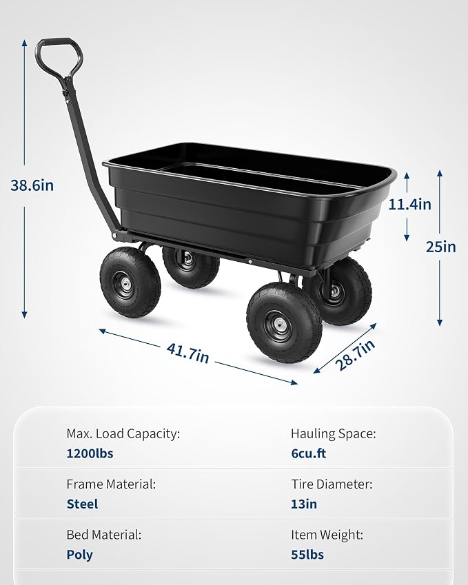 GarveeLife Poly Dump Cart - Heavy Duty 1200lbs Garden Cart with Quick-Release Dumping 13" Tires, Utility Wagon for Yard Work, Landscaping, Gardening