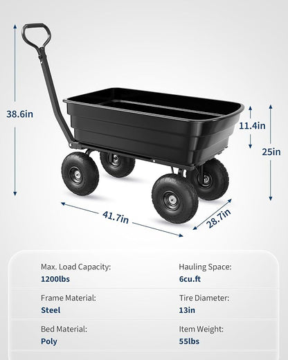 GarveeLife Poly Dump Cart - Heavy Duty 1200lbs Garden Cart with Quick-Release Dumping 13" Tires, Utility Wagon for Yard Work, Landscaping, Gardening