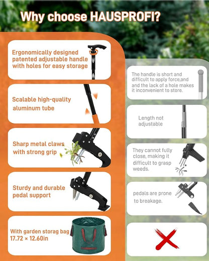 HAUSPROFI Stand Up Weed Puller Tool with 36-46 Inch Adjustable Long Handle and 50L Garden Bag, Heavy Duty 4-Claw Stainless Steel Weed Remover Tool with Automatic Rebound Design for Deep Roots