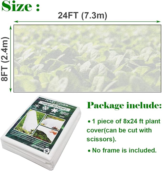 Plant Covers, 8Ft x 24Ft Reusable Floating Row Cover, 1oz Freeze Protection Plant Blankets for Cold Weather, Garden Winterize Cover for Winter Frost Protection, Thickened 1 oz Garden Quilt Cover