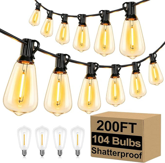 Brightever LED String Lights Outdoor Waterproof, 200FT 2200K Dimmable Patio Lights with 104 Shatterproof ST38 Vintage Edison Bulbs, Outside Hanging Light for Porch, Deck, Garden, Backyard, Balcony