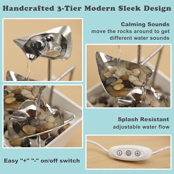 Trilogy Tabletop Fountain with 3-Tier Stainless Steel Waterfall | Handcrafted Design, Adjustable Water Flow & Smart Pump for Modern Home Decor