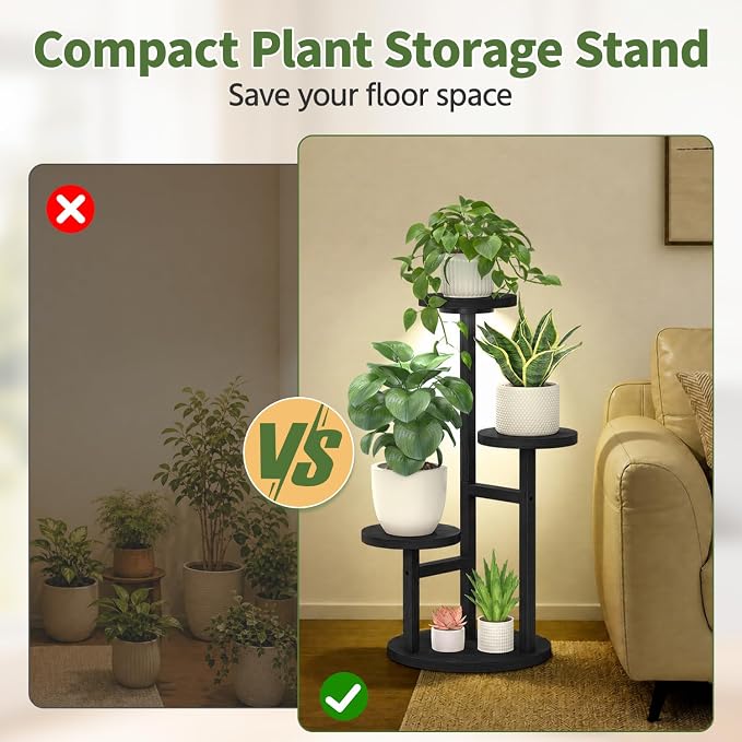 LASZOLA 3 Tiered Wood Plant Stand Indoor Corner with Grow Lights, Flower Holder Rack Tall for Multiple Plants, Rustic Planter Shelf Display for Patio Garden Balcony Living Room, Black
