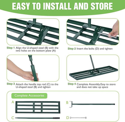 Yesker Lawn Leveling Rake 30 Inch for Soil Yard Leveling Rake with 30"x10" Ground Plate 72" Steel Handle Effort-Saving Heavy Duty Ground Leveler Tool for Backyard Garden Farm Golf Course Landscaping