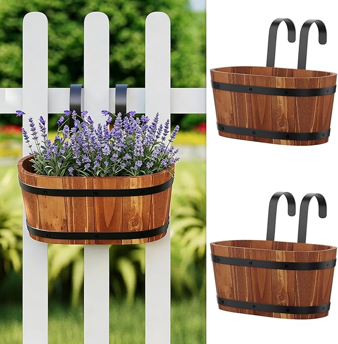 2-Pack Wooden Railing Planters, Hanging Flower Pots with Detachable Hooks for Balcony, Fence, Deck, Garden & Country Home Decor, Brown