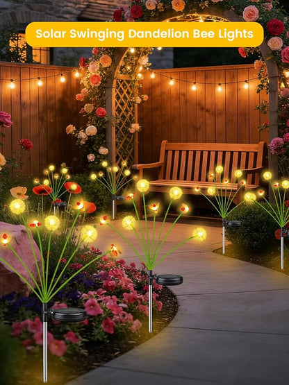 EEW Solar Garden Lights Outdoor 8 Pack 64 LED Swaying Dandelion Bee Lights | 2 Modes (Steady on, Slow Twinkle),Cute Flower Pathway Lights for Yard Lawn Patio Party Garden Wedding Pathway Decorations
