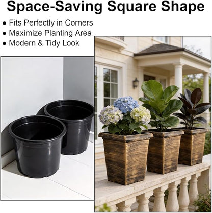 Tall Outdoor Square Planter - 4 Pack 10 Inch Vintage Gold Faux Metal Plant Pot with Drainage Holes & Raised Feet, 13" H Deep Root Plastic Flower Pots for Indoor Outdoor Plants, Trees, Roses
