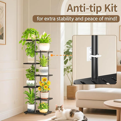 LASZOLA 6 Tier Plant Stand Indoors Outdoors for Large Heavy Duty Planter, Black Metal Tall Flower Holder Rack with Multiple Shelf for Modern Patio Corner, Vertical Organizer, Weather Resistant Bracket