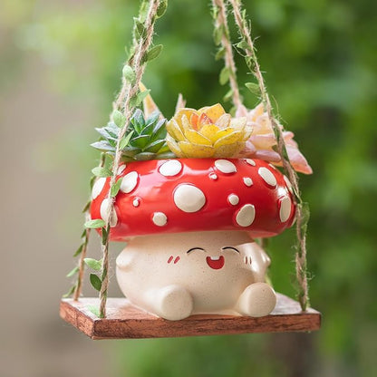 Cute Mushroom Decor for Outdoor Garden: Gardening Plant Gifts for Women Mother Plant Lovers - 3.9inch Opening Cute Smiley Hanging Planter Pot with Drainage for Pearls Succulents