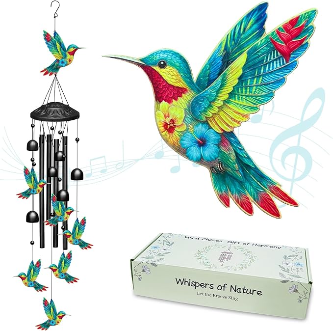 Hummingbird Wind Chime for Outside, Black Metal 38'' Wind Chimes with 4 Aluminum Tubes & 6 Wind Bell for Garden/Yard/Patio Outdoor Decor, Memorial/Housewarming/Birthday/Festival/Woman Gifts