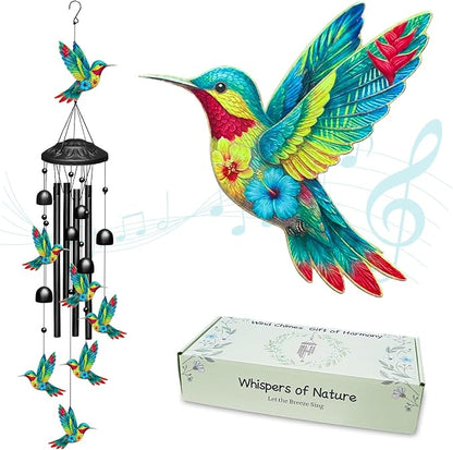 Hummingbird Wind Chime for Outside, Black Metal 38'' Wind Chimes with 4 Aluminum Tubes & 6 Wind Bell for Garden/Yard/Patio Outdoor Decor, Memorial/Housewarming/Birthday/Festival/Woman Gifts