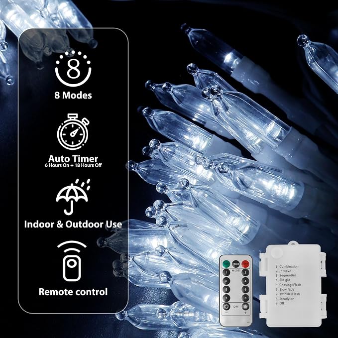Battery Operated Christmas Lights, 33Ft 100 LED Cool White String Lights with Auto Timer & 8 Modes, Shatterproof Waterproof for Outdoor Indoor Wedding Party Home, White Wire