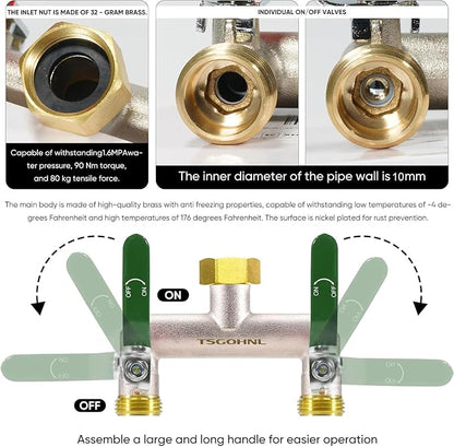 Garden Hose Splitter, 3/4” Rust and Freeze Resistant Outdoor Hose Manifold with 2 green Extra Long Handles Faucet Adapter-Heavy Duty Brass Nickel Plated 2-Way Valve