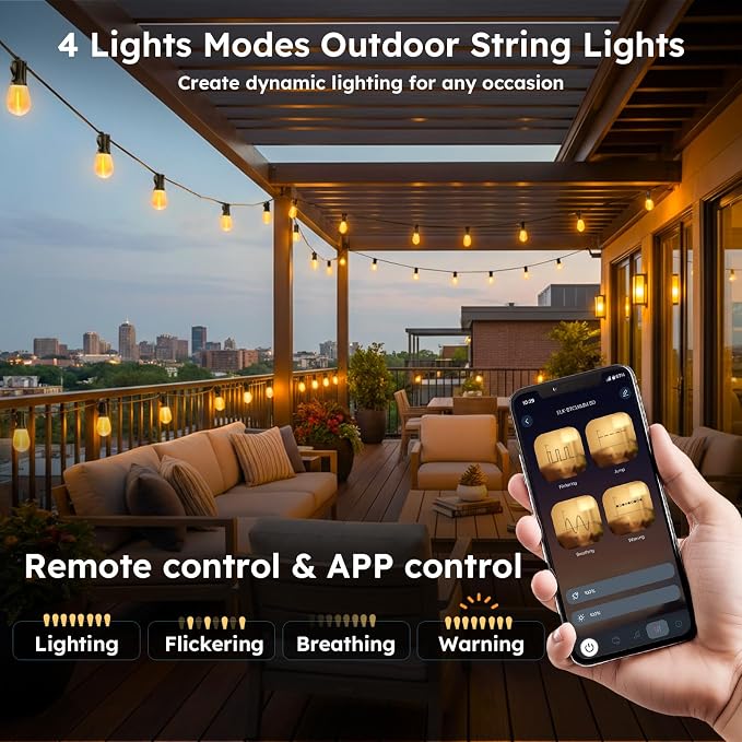 GvvooHome 100FT Outdoor String Light with S11 Plastic Bulbs, Low-Voltage LED Patio Light with App & Remote, Music Sync, 4 Lighting Modes, Dimmable & Waterproof for Backyard, Porch, Garden, Deck, Party