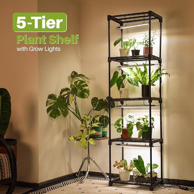 Plant Shelf with Grow Light, 5 Tier Plant Stand with Grow Light, Metal Plant Rack with 4 Pack 36W Plant Light for Indoor Plant, Seed Start, Seedling, Seed Trays, 11.8" W x 15.7" L x 59" H