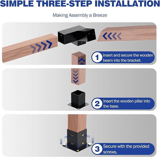 Pergola Kit - 3-Way Slanted Brackets, Powder-Coated, 4" x 4" (Actual: 3.5x3.5 Inch), Hardware for Outdoor Wood Pergolas, Gazebos, Sheds (8 pcs)