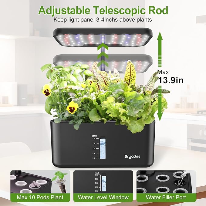 Indoor Garden Hydroponics Growing System - 10 Pods Plant Germination Kit Herb Vegetable Countertop with Grow Lamp Quiet Pump - Hydrophonic Planter Grower