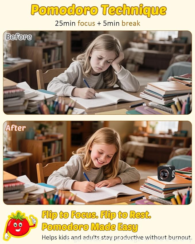 Digital Pomodoro Timer Cube 5/10/25/50min, Visual Productivity Flip Timer for Kids Classroom Desk, Custom Countdown, Silent and Sound Mode for ADHD Study Work Game Kitchen (Black)