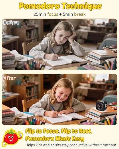 Digital Pomodoro Timer Cube 5/10/25/50min, Visual Productivity Flip Timer for Kids Classroom Desk, Custom Countdown, Silent and Sound Mode for ADHD Study Work Game Kitchen (Black)