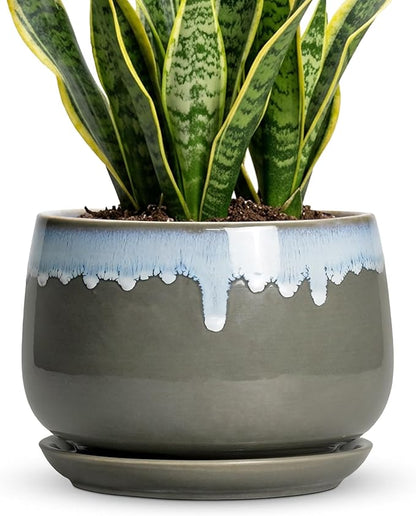 Ceramic Flower Pots - 9 Inch Planters for Indoor Plants, Indoor Planter with Drainage and Saucer, Round Decorative Plant Pots for Plants, Porch Home Decor, Grey-Blue