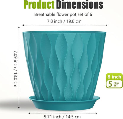 8 Inch Plastic Plant Pots,Set of 5 Flower Pots,Planters with Drainage Holes & Saucers, Indoor Outdoor Garden Pots for Home Decor(Blue-Green)