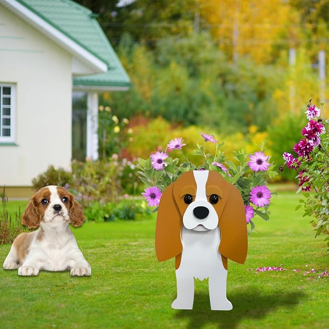 Brown King Cavalier Dog Planter Pots, 9.84 x 10.24 x 16 Inches | Large Dog Flower Pot, Cute Animal Shaped Plant Pot, Gifts for Women & Pet Lovers, Indoor Outdoor Garden Home Office Decor