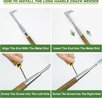 Haliaeetus Long Handle Crack Weeder Tool, 62'' L-Shape Stainless Steel Crevice Weeding Tool, Comfortable Wood Handle Paver Weeder, Sidewalk Weed Removal Tool for Driveway, Bricked Patio,Terrace Paving